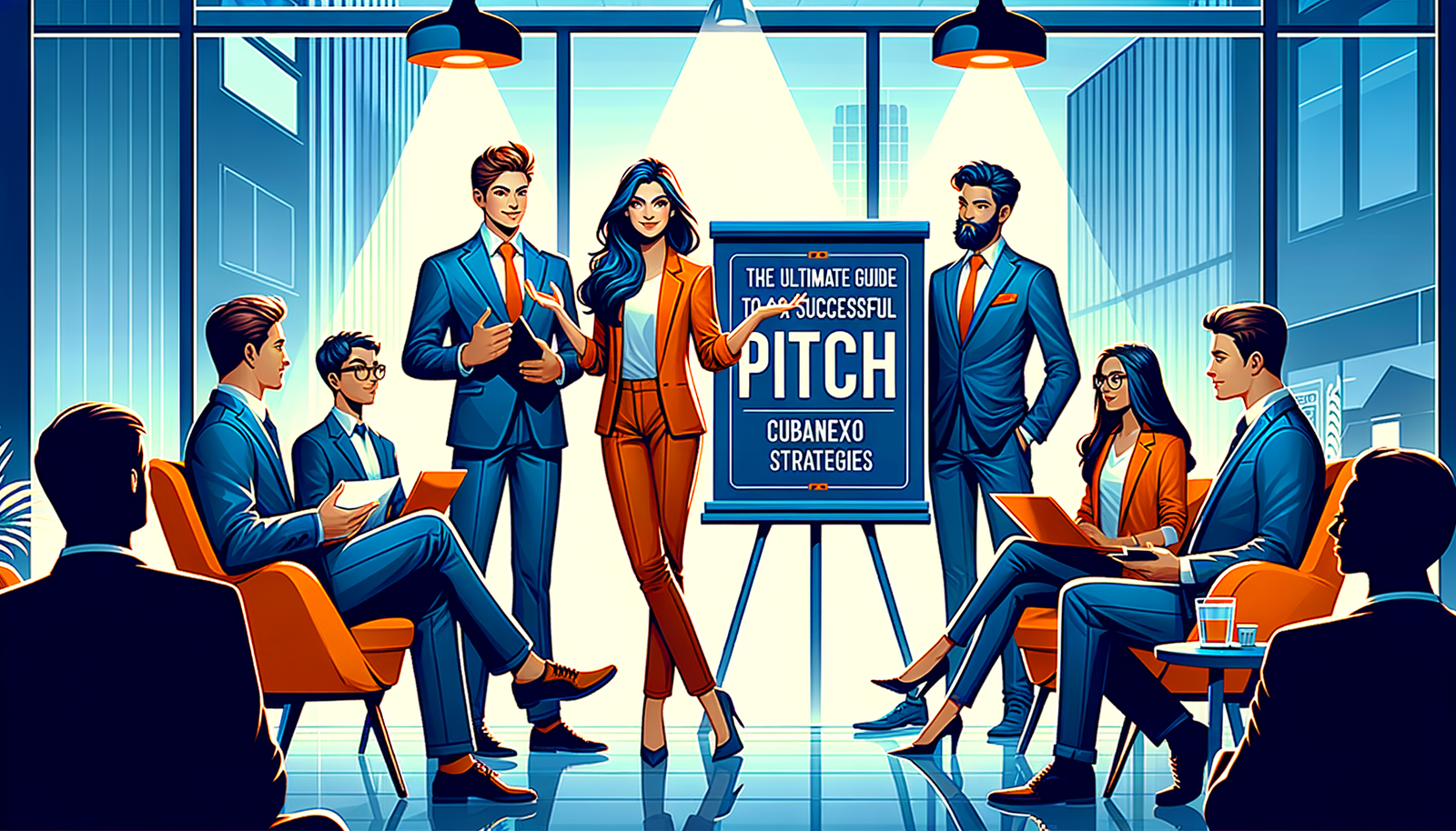 "​Diseña una imagen de portada para un artículo titulado 'Guía Definitiva para Crear un Pitch Exitoso: Estrategias CubaNexo'. La imagen debe reflejar profesionalismo y dinamismo, mostrando a un emprendedor o equipo presentando su proyecto a inversores en un entorno corporativo moderno. Utiliza una paleta de colores que transmita confianza y energía, como tonos azules y naranjas. El estilo debe ser realista con un toque contemporáneo, capturando la esencia de una presentación efectiva y convincente."​